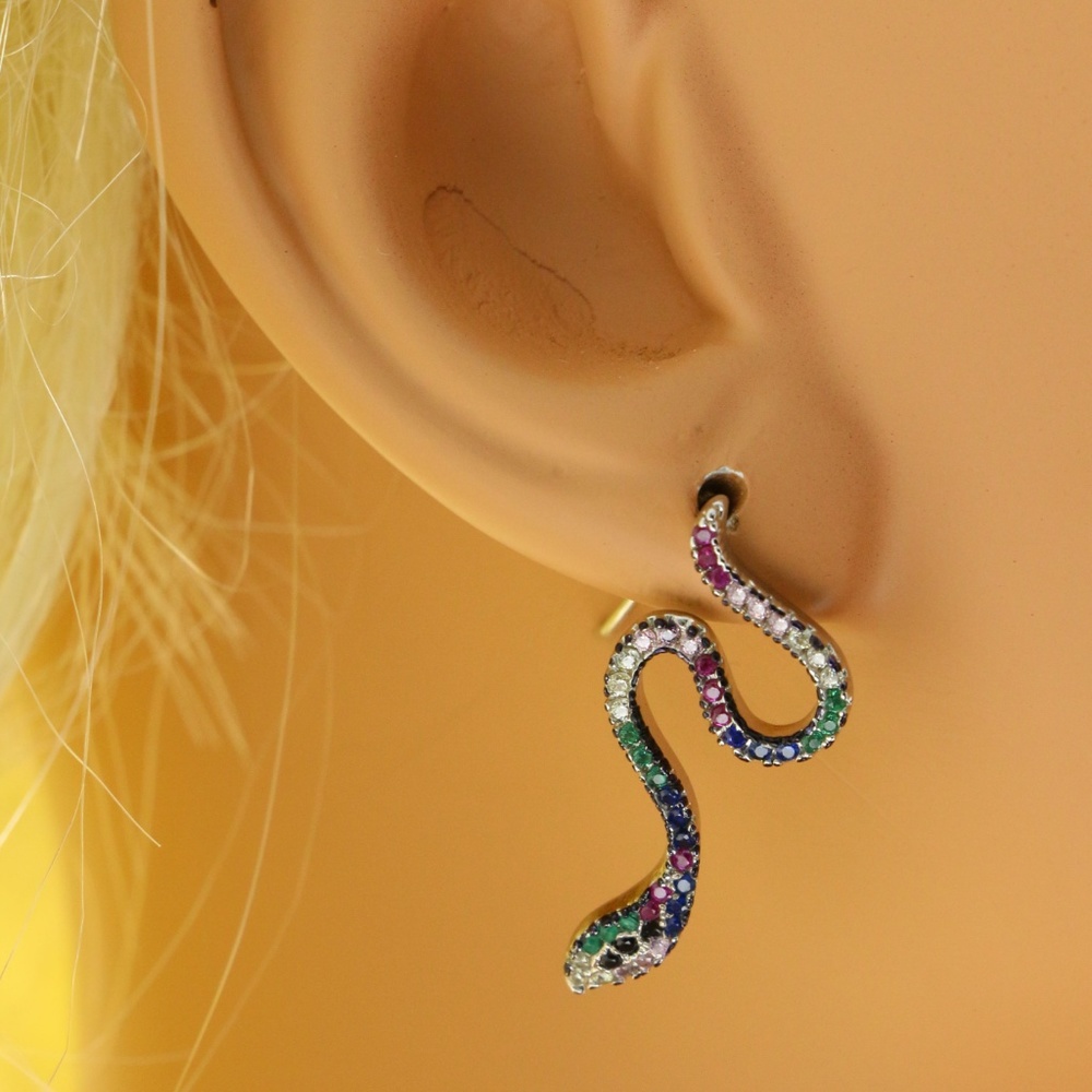CZ Snake Dangle-Earrings Silver & Multicolor NWT - Picture 2 of 4